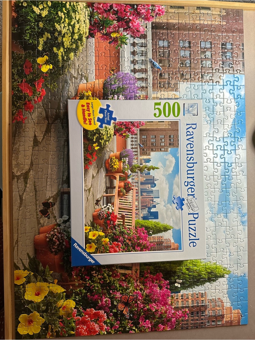 Ravensburger 500 large piece Rooftop Garden Puzzle — Pink, Yellow, Green, Blue